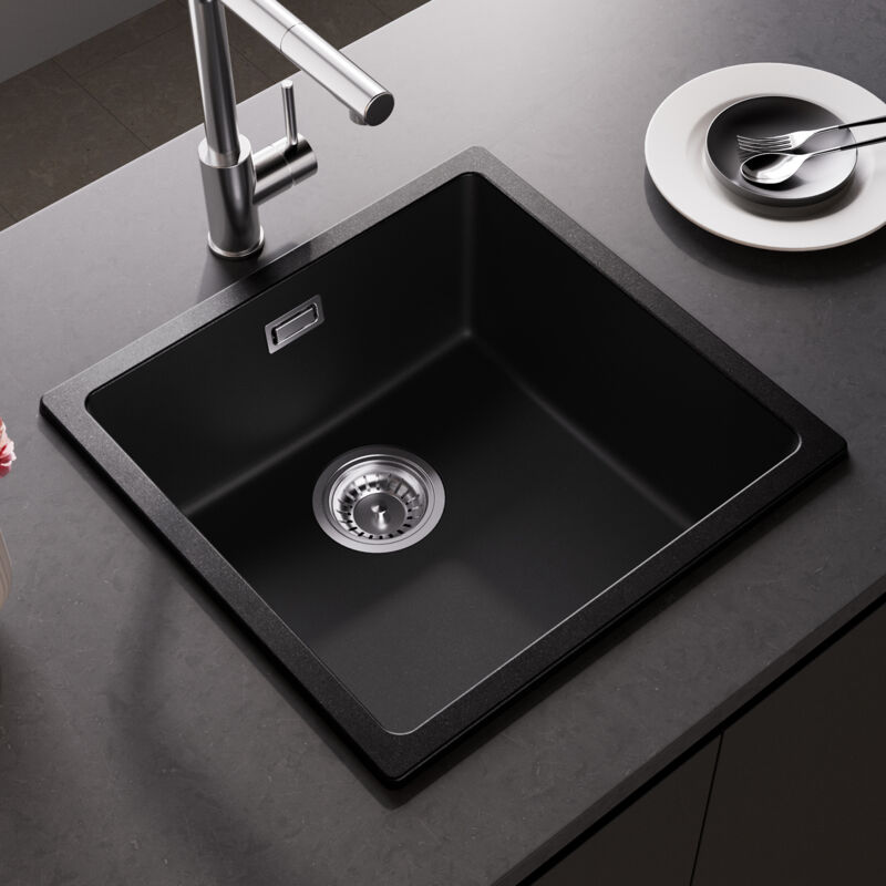 foto del prodotto cecipa max lavello in quarzo e resina 45x44cm, lavello a 1 vasca in granito grigio nero, lavello da cucina da appoggio incasso sottotop