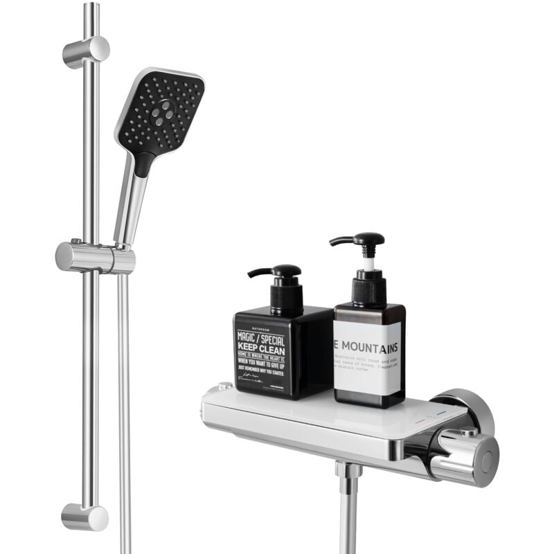 foto del prodotto cecipa max set doccia con mensola e doccetta 3 funzioni, colonna doccia termostatica cromata con miscelatore 38 c