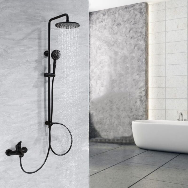 foto del prodotto cecipa max set doccia nero sistema doccia senza rubinetteria, colonna doccia a pioggia con soffione tondo da 22 cm e doccetta con soffione a 3