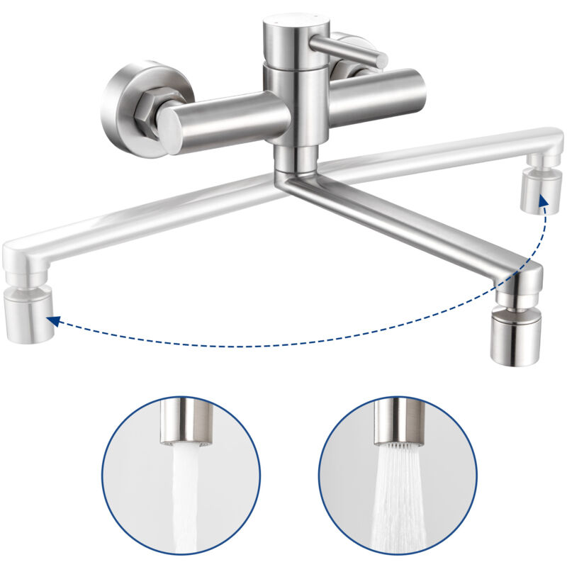 foto del prodotto cecipa miscelatore cucina a parete acciaio inox spazzolato, rubinetto lavello a parete con 2 getti, miscelatore cucina girevole a 360 rubinetti