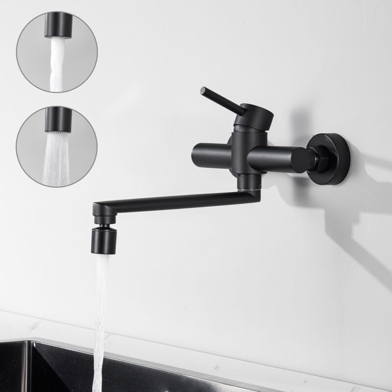 foto del prodotto cecipa miscelatore cucina a parete nero, rubinetto lavello a parete con 2 getti, miscelatore cucina girevole a 360 rubinetti lavello acqua calda e