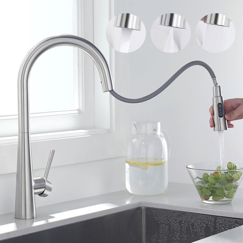 foto del prodotto cecipa miscelatore cucina spazzolato con doccetta estraibile rubinetto lavello 3 modalit di uscita acqua rotazione 360 rubinetto cucina