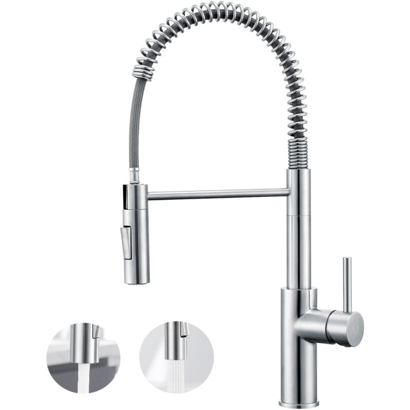 foto del prodotto cecipa miscelatore spring in acciaio inox spazzolato, miscelatore cucina spring con doccia estensibile, rubinetto lavabo girevole a 360 