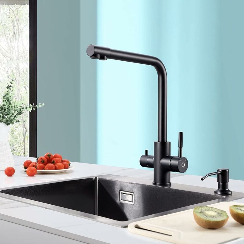 foto del prodotto cecipa pure b rubinetto cucina 3 vie miscelatore cucina per acqua filtro, 3 in 1 rubinetti cucina per acqua potabile a doppia leva, girevole a 360
