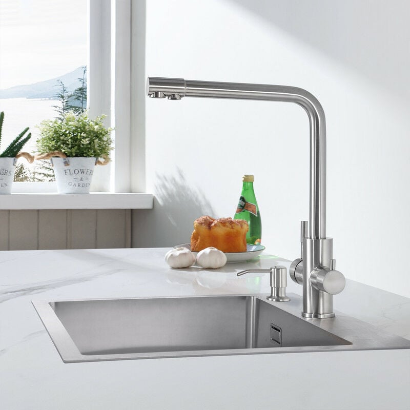 foto del prodotto cecipa pure i rubinetto cucina 3 vie miscelatore cucina per acqua filtro, 3 in 1 rubinetti cucina per acqua potabile a doppia leva, girevole a 360