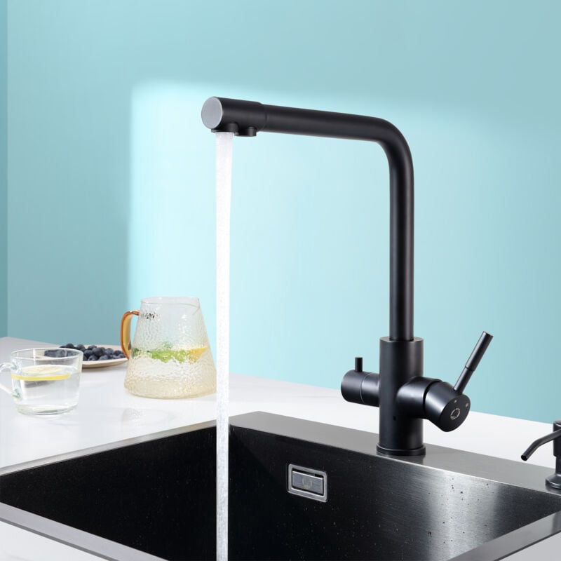foto del prodotto cecipa rubinetto cucina 3 vie, 3 in 1 miscelatore cucina per sistema osmosi, rubinetto acqua pulita con 2 leve di comando separate nero