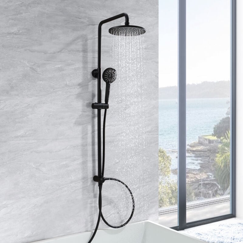 foto del prodotto cecipa set doccia nero sistema doccia senza rubinetteria, colonna doccia a pioggia con soffione tondo da 22 cm e doccetta con soffione a 3