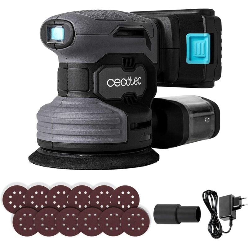 foto del prodotto cecotec 21v 2000mah perfectsurface 2120 levigatrice rotorbitale a batteria. 13000 giri min, 12 ricariche, serbatoio polvere dede, attacco per