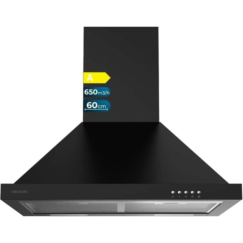 foto del prodotto cecotec bolero flux cappa piramidale pm 606500 nero a de 60cm de largo, finitura nera, aspirazione 650m3 h, motore 165w, classe a, controllo
