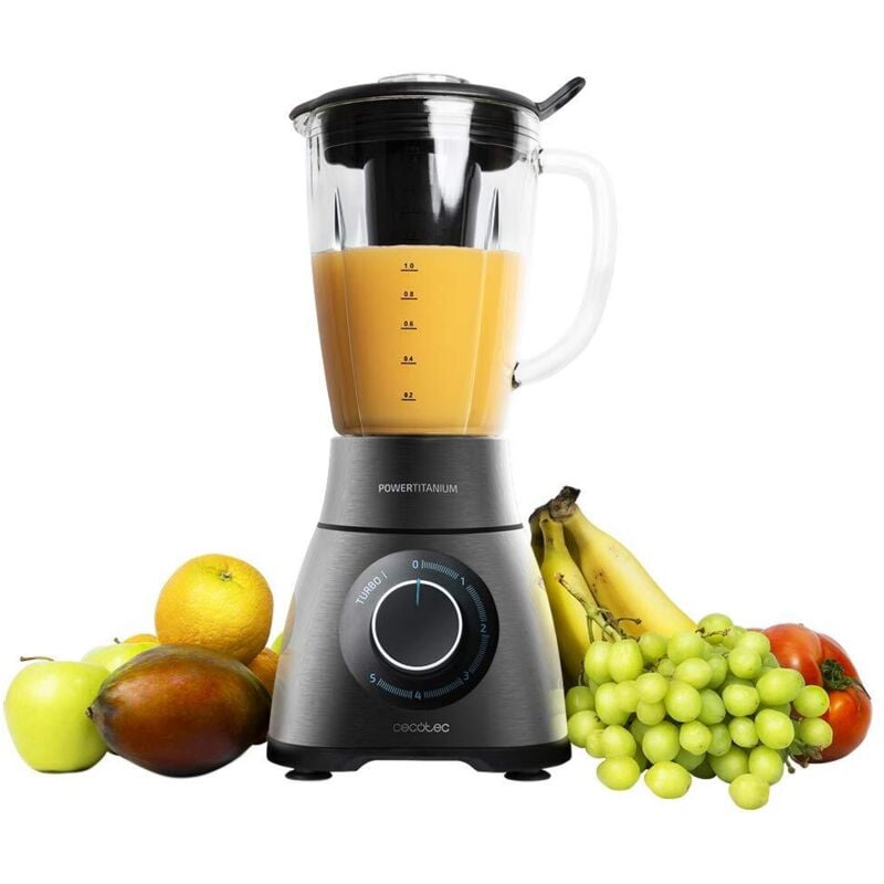 foto del prodotto cecotec frullatore power black titanium 1000. 1000 w, lama a 6 foglie con rivestimento in titanio nero, caraffa in vetro da 1,5 l, 5 velocità. (1500