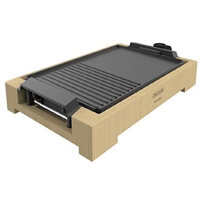 foto del prodotto cecotec griglia de elettrica da 2000 w, con struttura de bamb , termostato regolabile e piastra antiaderente de con con superficie mista mezza