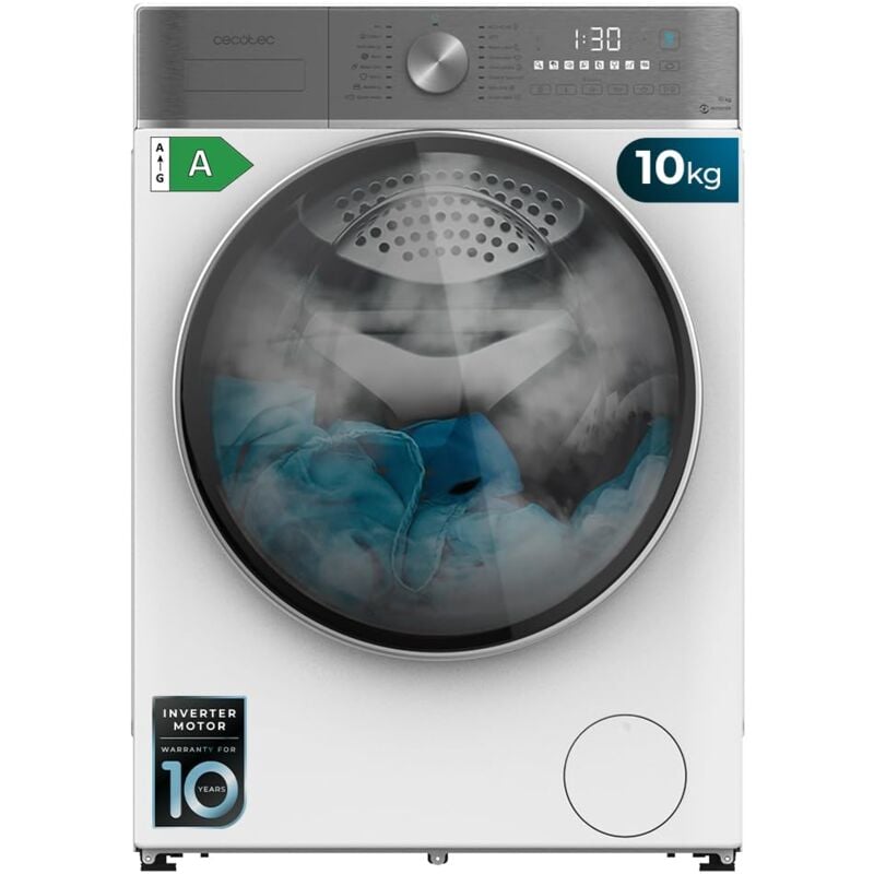 foto del prodotto cecotec lavatrice de 10 kg de capacit e 1400 giri min, 16 programmi, classe a, motore inverter plus, steam max, lavaggio intelligente e rilevatore