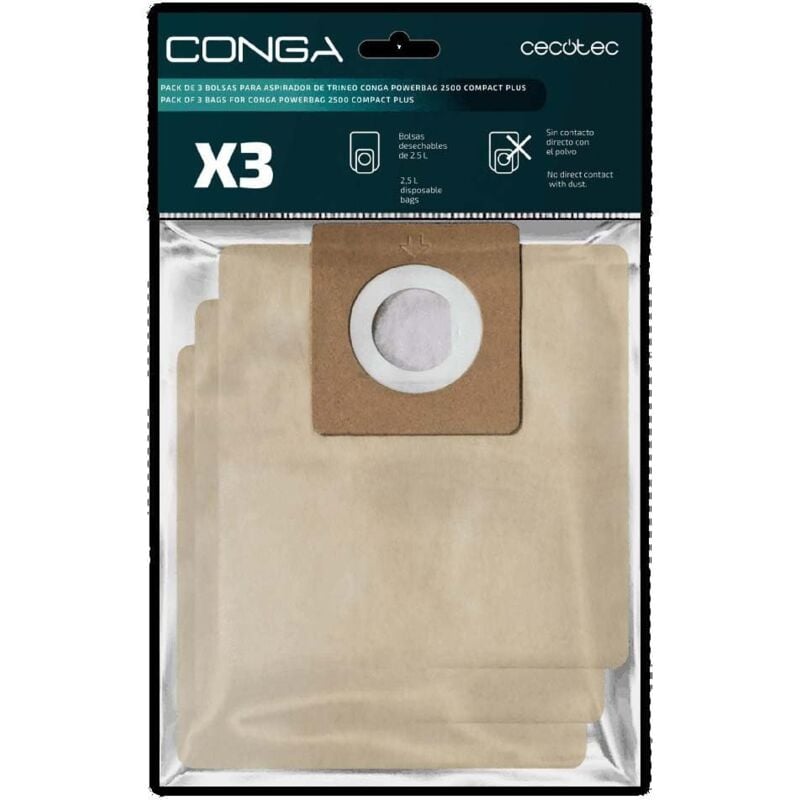 foto del prodotto cecotec sacchetti per aspirapolvere a traino conga powerbag 2500 compact plus. borse igieniche, include 3 sacchetti compatibili conga powerbag 2500