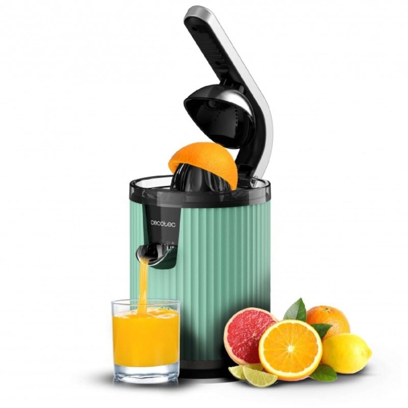 foto del prodotto cecotec spremiagrumi elettrico a leva retr con potenza di 600 w, filtro in acciaio inossidabile, cono spremitore in plastica, leva per estrarre la