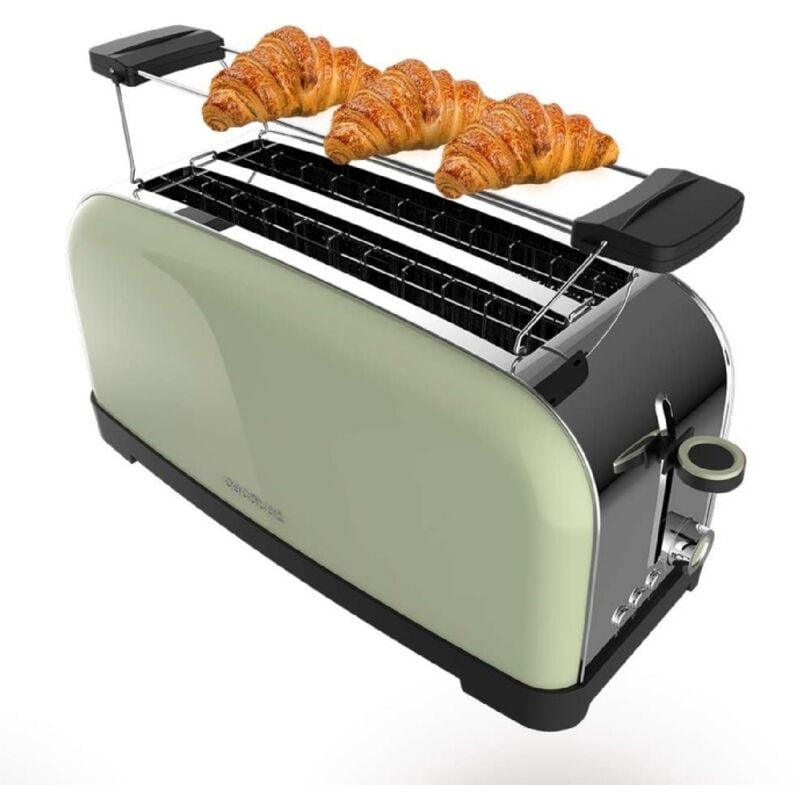 foto del prodotto cecotec tostapane in acciaio con doppia fessura lunga, potenza di 1500 w e griglia scaldabrioche.