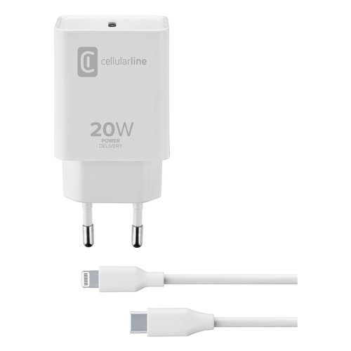 foto del prodotto cellularline usb c charger kit 20w usb c to lightning iphone 8 or later caricabatterie da rete usb c 20w per la carica alla massima velocit di iphone 8 e successivi con cavo usb c to lightning