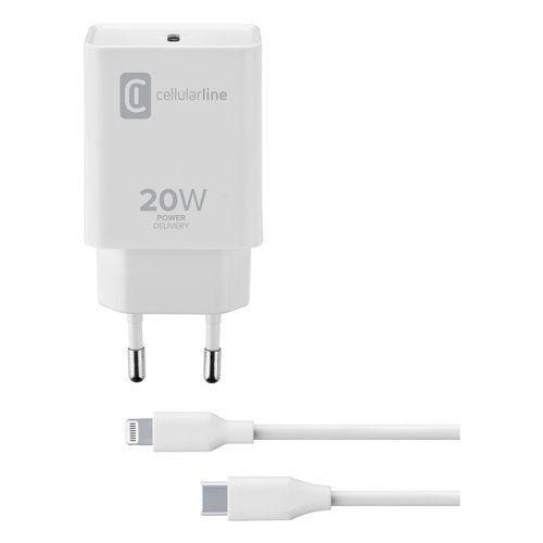 foto del prodotto cellularline usb-c charger kit 20w - usb-c to lightning - iphone 8 or later caricabatterie da rete usb-c 20w per la carica alla massima velocità di iphone 8 e successivi con cavo usb-c to lightning - achiphkitc2lmfi20w