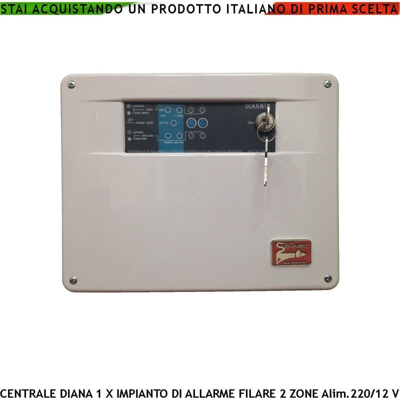 foto del prodotto centrale allarme diana 2 zone chiave meccanica per impianto antifurto filare. gestisce sensori di movimento ingresso per chiave remota o telegestione