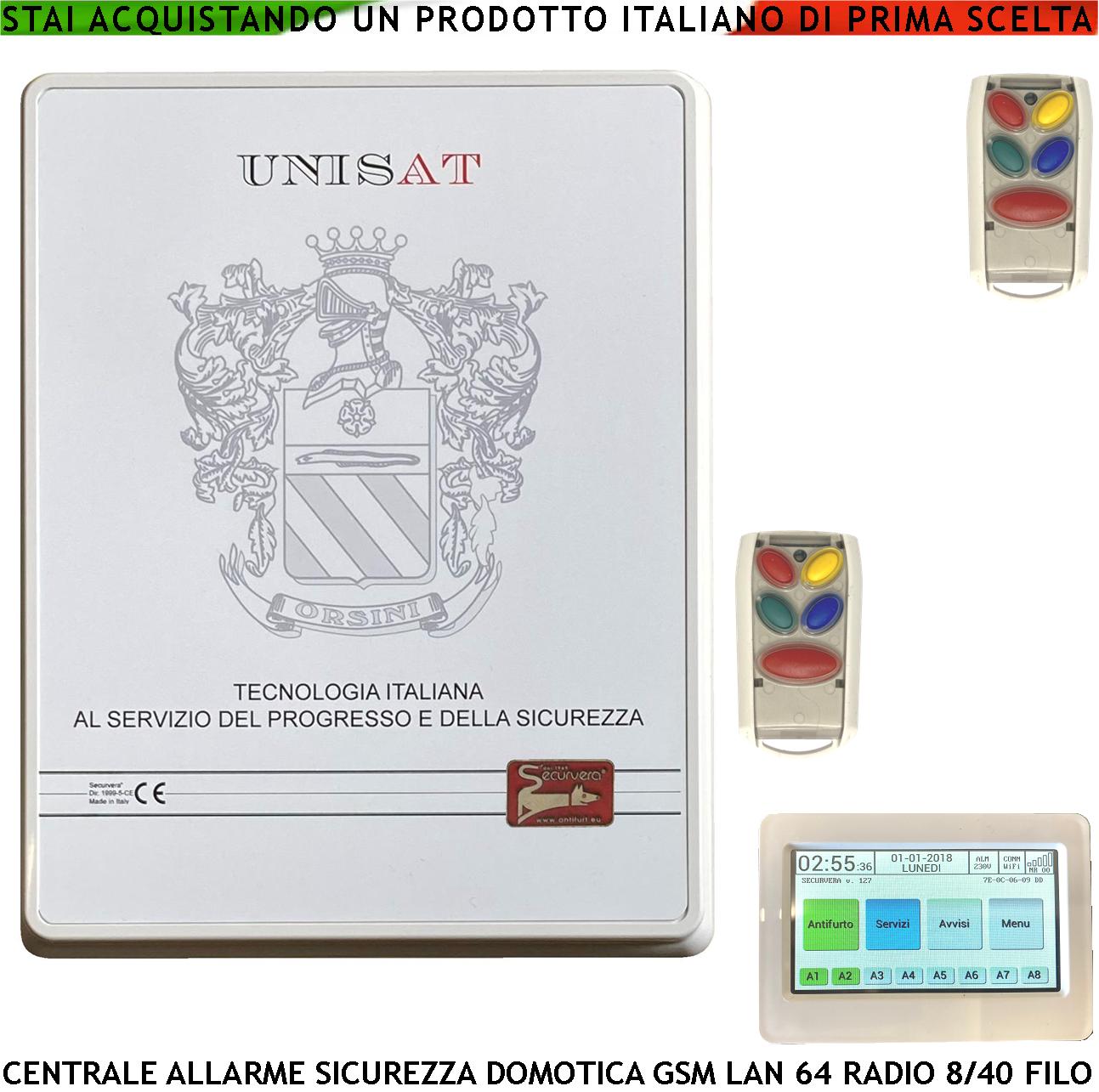 foto del prodotto centrale allarme impianto sicurezza 64 zone radio 8 filo espandibili a 40 collegamenti e funzioni programmabili 8 aree 50 utenti gestibile da app chiave 2 radiocomandi 5 uscite relè domotica gsm gprs