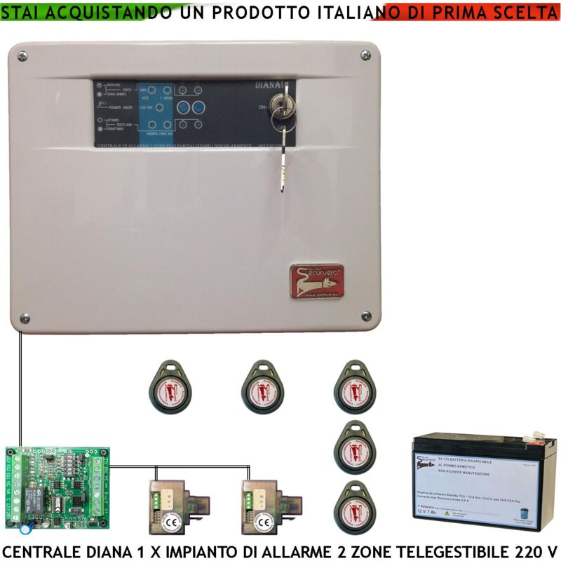 foto del prodotto centrale antifurto diana 2 zone 5 chiavi tag 2 lettori e 2 meccaniche batteria 12 v 7 ah per impianto via filo. gestisce sensori allarme ingresso per