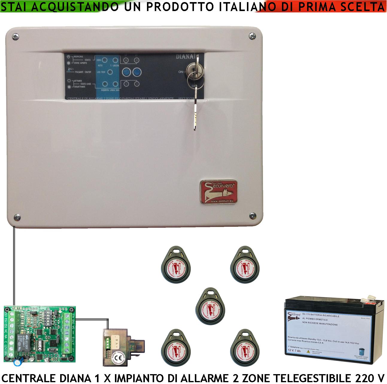 foto del prodotto centrale antifurto diana 2 zone batteria 12 v 7 ah 5 chiavi tag 2 meccaniche impianto filo. gestisce sensori ingresso con comando remoto di telegestione uscita sirene combinatore videocamera fumogeno