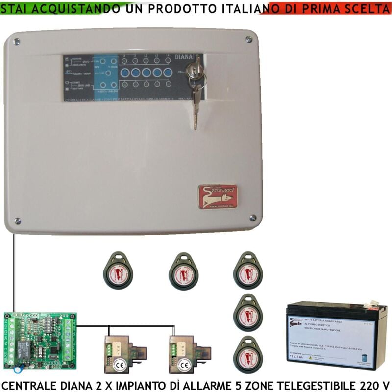 foto del prodotto centrale antifurto diana 5 zone 5 chiavi tag 2 lettori e 2 meccaniche batteria 12 v 7 ah per impianto via filo. gestisce sensori allarme ingresso per