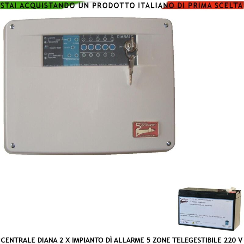 foto del prodotto centrale di allarme diana 5 zone chiave meccanica batteria 12 v 7 ah per impianto antifurto filare. gestisce sensori ingresso per chiave remota o