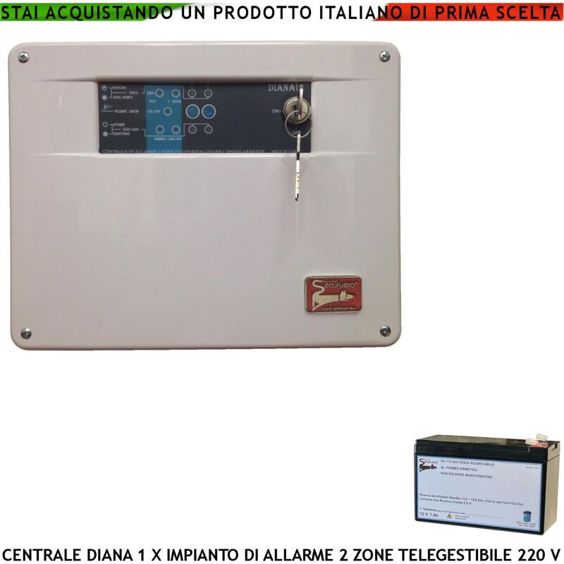 foto del prodotto centrale diana antifurto 2 zone batteria 12 v 7 ah per impianto di allarme filo. 2 chiavi meccaniche gestisce sensori ingresso per comando remoto o