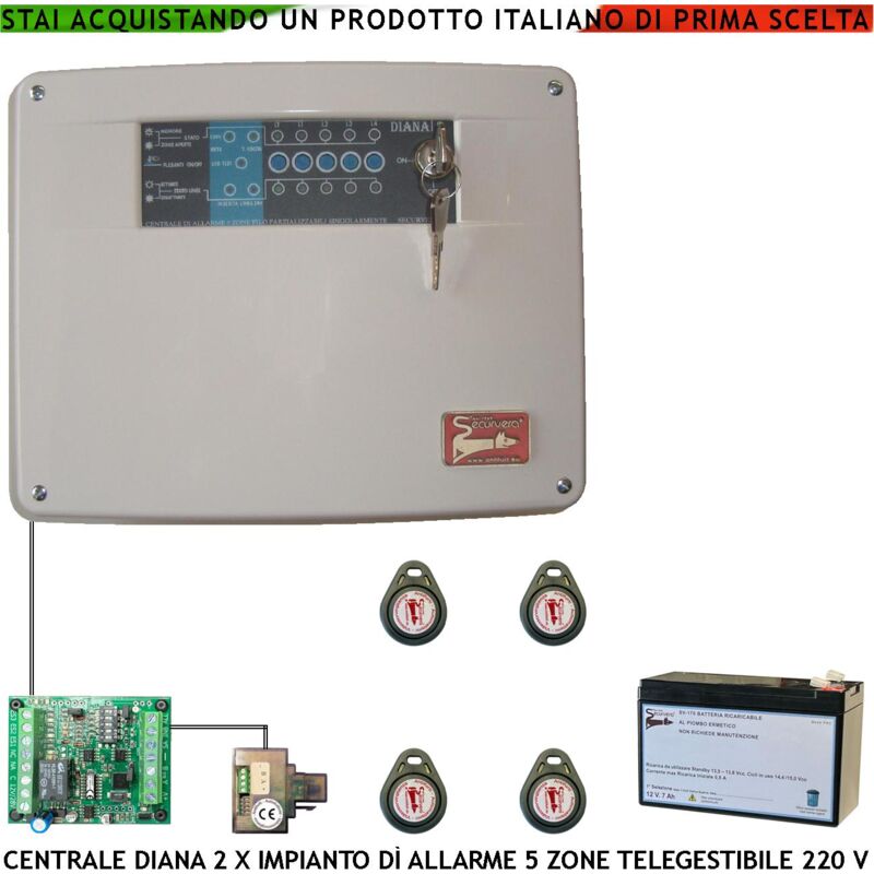 foto del prodotto centrale diana antifurto 5 zone batteria 12 v 7 ah per impianto di allarme filo. 4 chiavi tag. 2 meccaniche gestisce sensori ingresso comando remoto