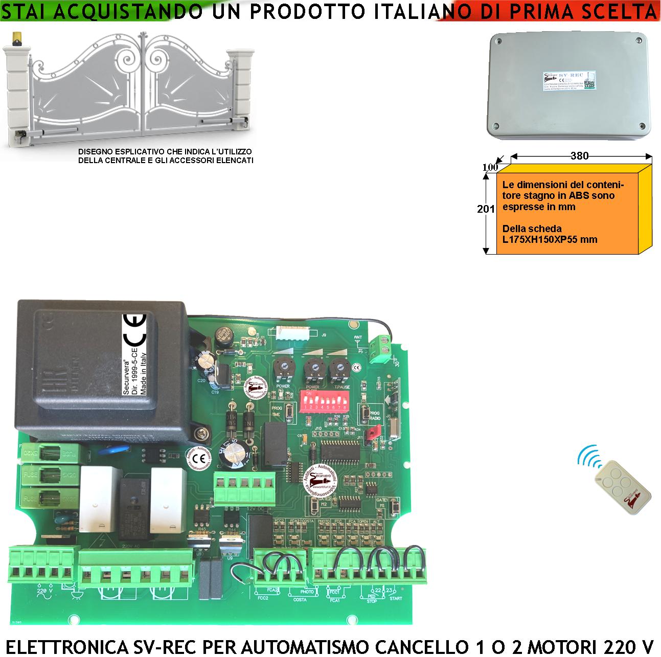 foto del prodotto centrale ricambio cancello 1-2 ante battenti 230 v incorpora ricevente radio 433,92 mhz radiocomando r.c.tempi forza regolabili fine corsa selezione funzione in apprendimento compatibile serai altre m