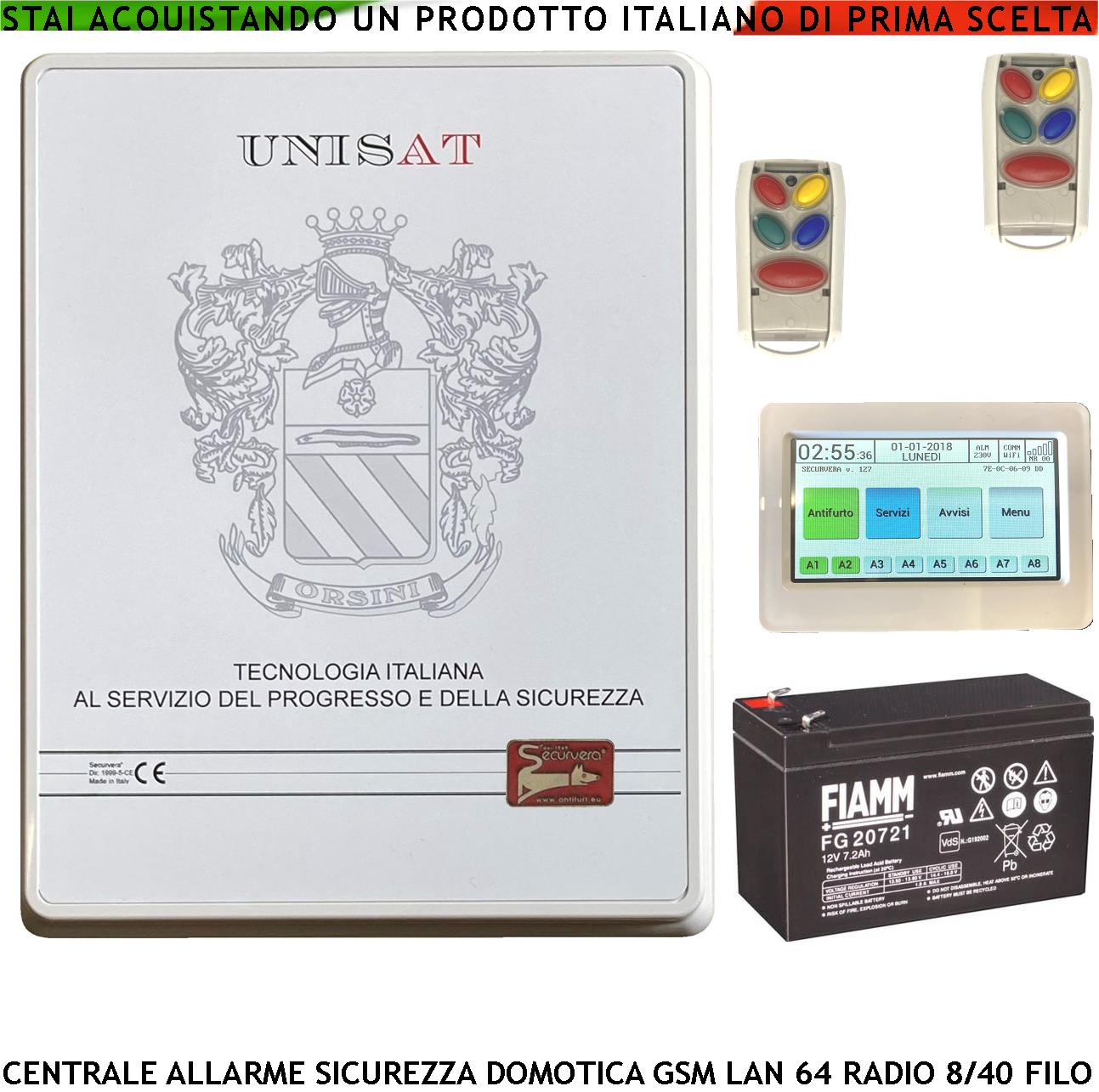 foto del prodotto centrale unisat impianto allarme 8 zone filo optional 40 collegamenti e funzioni programmabili 8 aree 50 utenti gestita da app rfid 2 radiocomandi 868 mhz hifi domotica gsm gprs lan batteria 12 v 7 ah