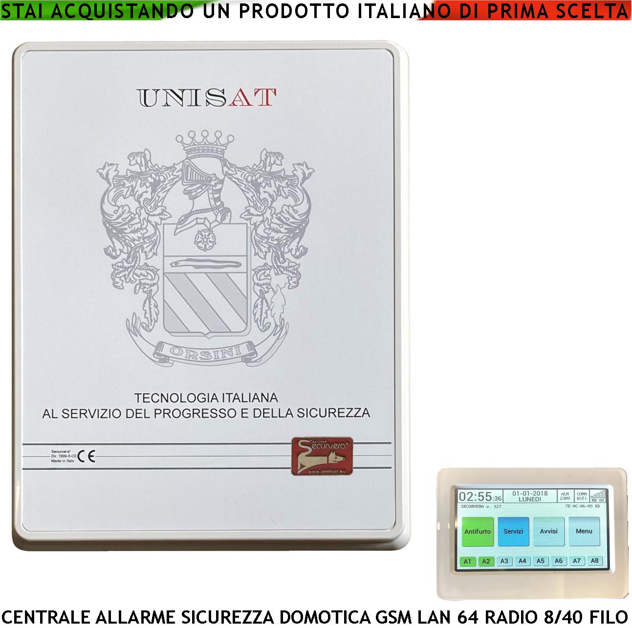 foto del prodotto centrale unisat impianto antifurto 64 zone radio 8 filo optional 40 collegamenti e funzioni programmabili 8 aree 50 utenti gestita da app rfid radiocomandi 868 mhz hifi 5 relè domotica gsm gprs e lan