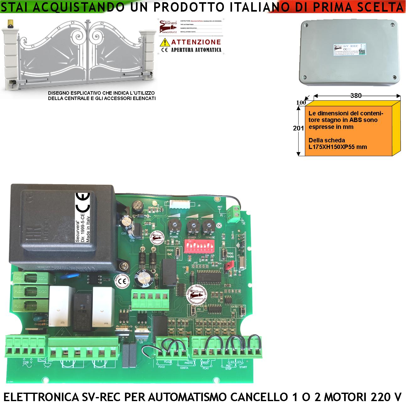 foto del prodotto centralina di comando per cancello 2 ante 230 v tempi e funzione programmabili forza regolabile. ricevente radio alimentazione 12 24 v per accessori. fine corsa motori ricambio adatta proteco benincà