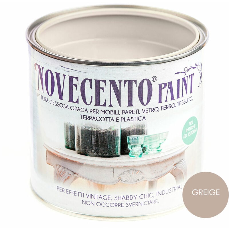 foto del prodotto cera novecento pittura gessosa opaca shabby chic per mobili pareti vetro gesso novecento paint formato 500 ml colore greige