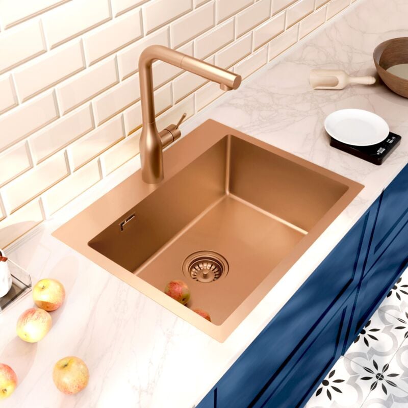 foto del prodotto ceramia timeless lavello da cucina da incasso inox 304, 1 vasca, 55x45x21 cm, rame spazzolato pvd tmlkst 5545bcp 