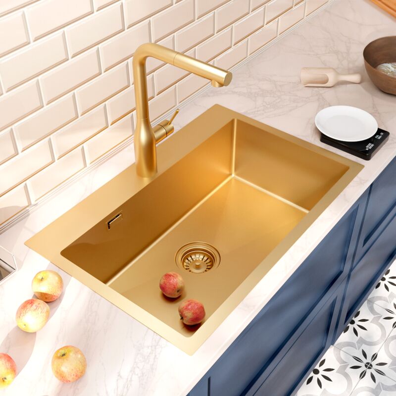 foto del prodotto ceramia timeless lavello da cucina in acciaio inox 304, 1 vasca, 68x45x21 cm, pvd oro spazzolato