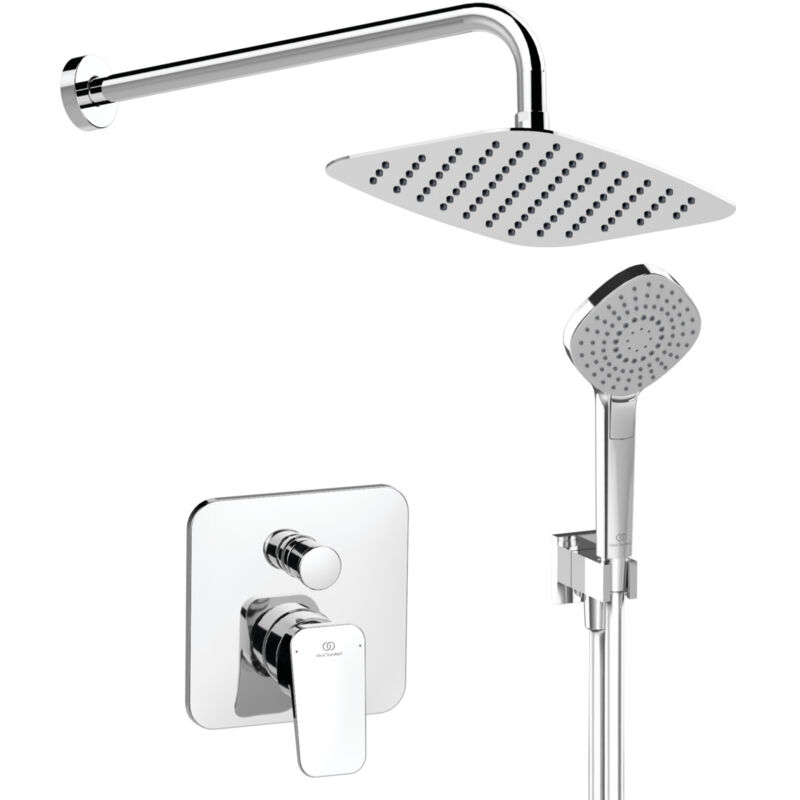 foto del prodotto ceraplan, kit doccia con miscelatore ad incasso vasca doccia completo, soffione 30x20cm, doccetta multifunzione, bd194aa, cromato ideal standard
