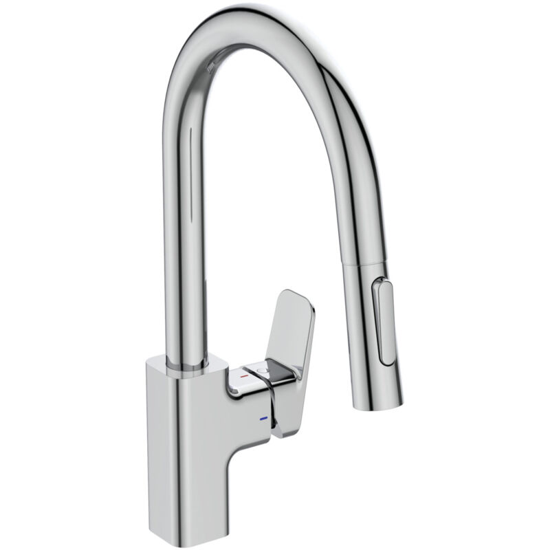 foto del prodotto ceraplan, miscelatore monocomando a bocca alta tubolare con doccetta estraibile a due funzioni, bd338aa, cromato ideal standard