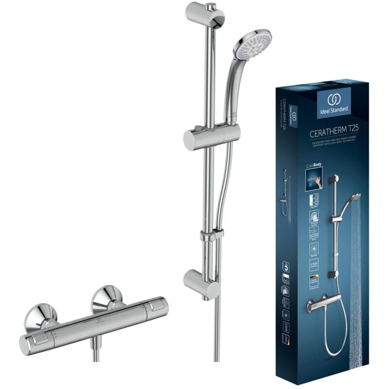 foto del prodotto ceratherm t25, kit doccia con miscelatore termostatico, set saliscendi doccia, cromato ideal standard