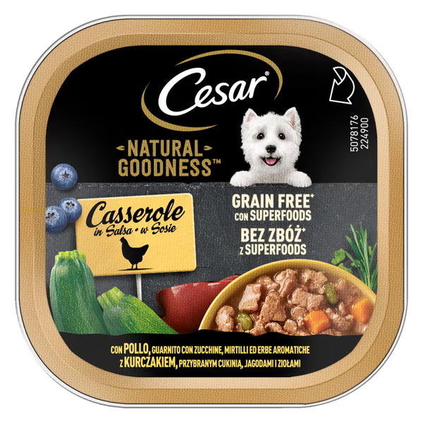foto del prodotto cesar dog natural goodness casserole in salsa grain free 100 gr pollo, guarnito con zucchine e mirtilli confezione da 16 pezzi cibo umido per cani 1 ordine scegli lo sconto bzr5 bzr20 200 punti fedelt 