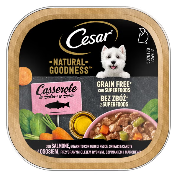 foto del prodotto cesar dog natural goodness casserole in salsa grain free 100 gr salmone, guarnito con olio di pesce, spinaci e carote confezione da 16 pezzi cibo umido per cani 1 ordine scegli lo sconto bzr5 bzr20 200 punti fedelt 