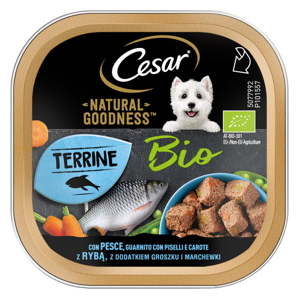 foto del prodotto cesar dog natural goodness terrine bio 100 gr pesce, guarnito con piselli e carote confezione da 16 pezzi cibo umido per cani 1 ordine scegli lo sconto bzr5 bzr20 200 punti fedelt 