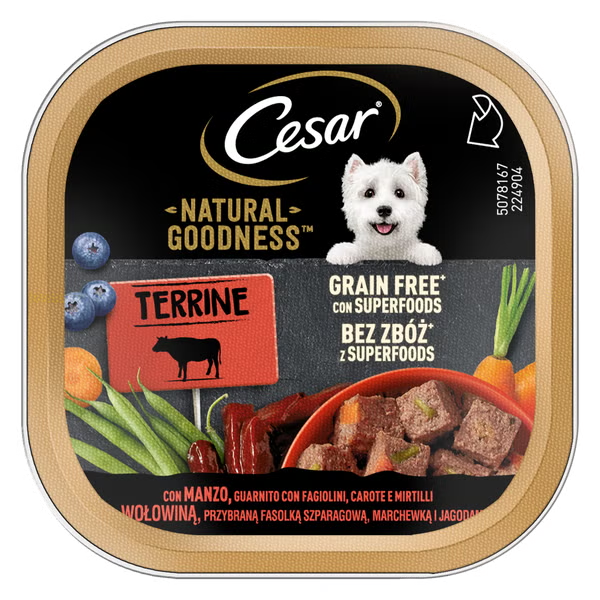 foto del prodotto cesar dog natural goodness terrine grain free con superfood 100 gr manzo, guarnito con fagiolini, carote e mirtilli confezione da 16 pezzi cibo umido per cani 1 ordine scegli lo sconto bzr5 bzr20 200 punti fedelt 