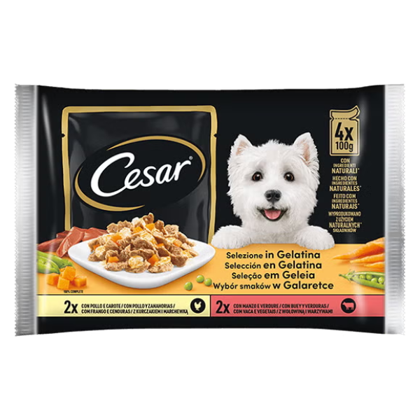 foto del prodotto cesar dog selezione delizie del giorno multipack 4x100 gr in gelatina 1 ordine scegli lo sconto bzr5 bzr20 200 punti fedelt 