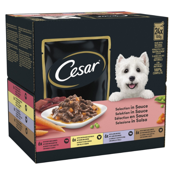 foto del prodotto cesar dog selezione in salsa multipack 24x100 gr multigusto 1 ordine scegli lo sconto bzr5 bzr20 200 punti fedelt 