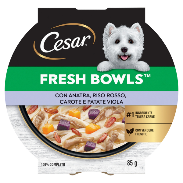 foto del prodotto cesar fresh bowls alimento completo per cani di piccola taglia 85 gr anatra, riso rosso, carote e patate viola confezione da 10 pezzi cibo umido per cani 1 ordine scegli lo sconto bzr5 bzr20 200 punti fedelt 