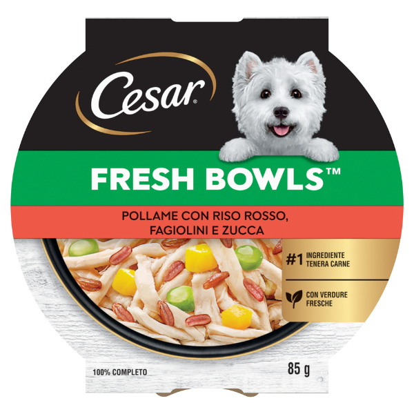 foto del prodotto cesar fresh bowls alimento completo per cani di piccola taglia 85 gr pollame, riso rosso, fagiolini e zucca confezione da 10 pezzi cibo umido per cani 1 ordine scegli lo sconto bzr5 bzr20 200 punti fedelt 