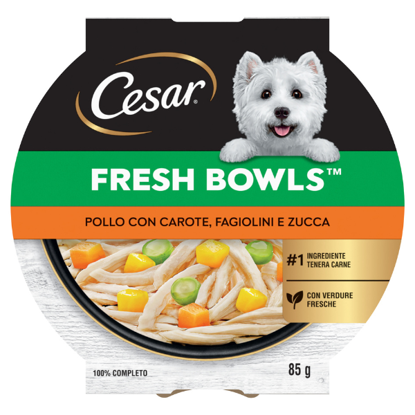 foto del prodotto cesar fresh bowls alimento completo per cani di piccola taglia 85 gr pollo con carote, fagiolini e zucca confezione da 10 pezzi cibo umido per cani 1 ordine scegli lo sconto bzr5 bzr20 200 punti fedelt 