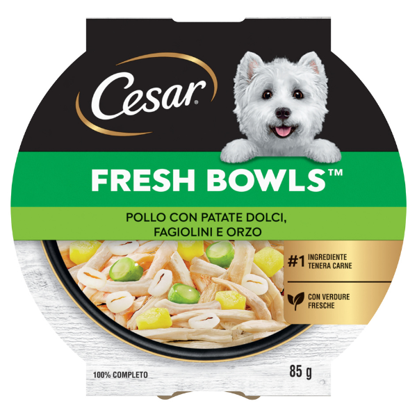 foto del prodotto cesar fresh bowls alimento completo per cani di piccola taglia 85 gr pollo con patate dolci, fagiolini e orzo confezione da 10 pezzi cibo umido per cani 1 ordine scegli lo sconto bzr5 bzr20 200 punti fedelt 