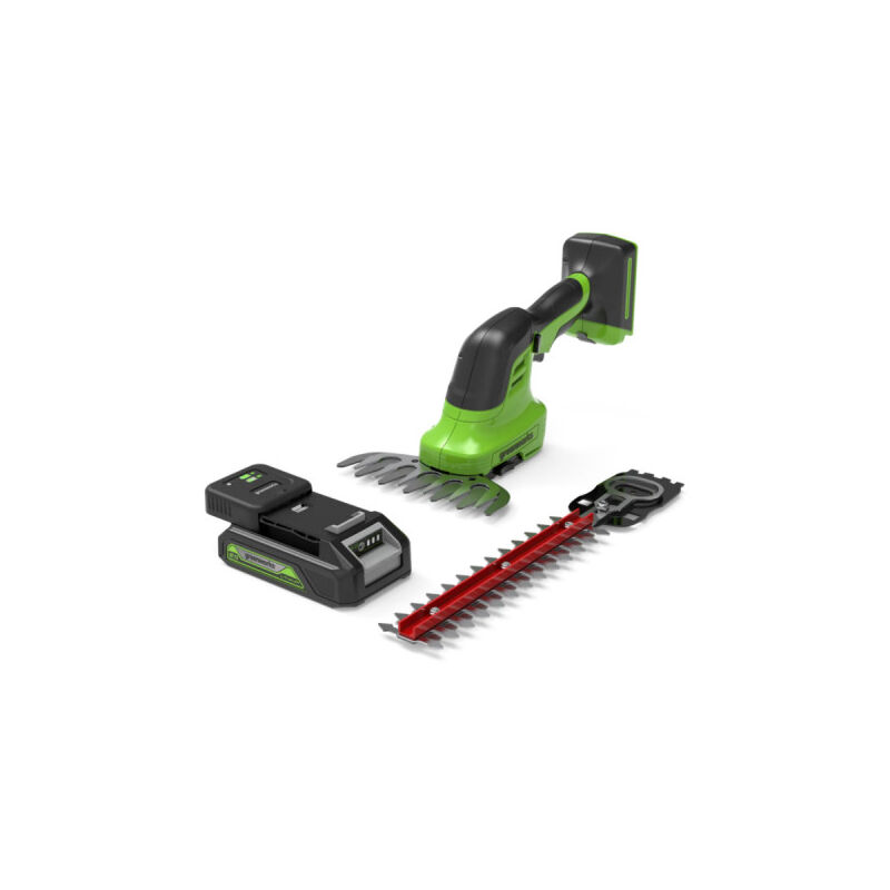 foto del prodotto cesoie per prato e cespugli 2 in 1 24v greenworks batteria 2,0ah caricabatterie g24shtk2